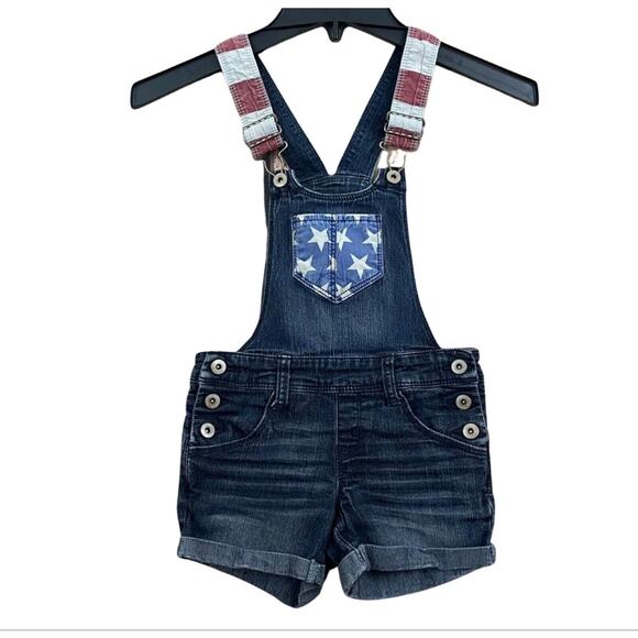 LEI Girls Stars & Stripes Denim Shortalls Overalls XS 4-5 Blue Shorts USA - Picture 3 of 14